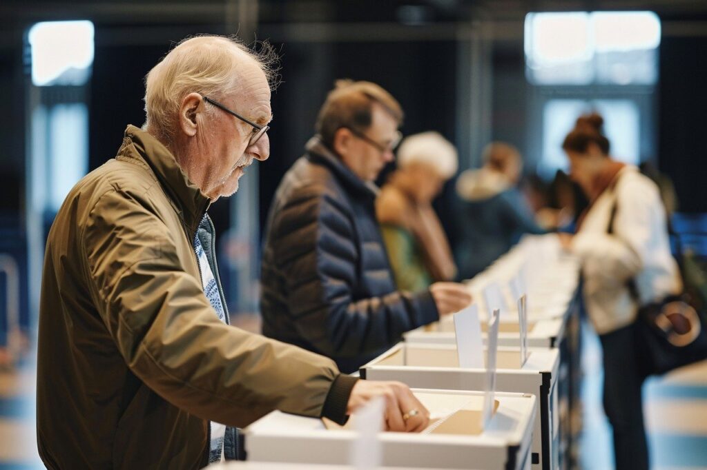 Ein älterer Mann wirft einen Wahlschein in einer Urne.